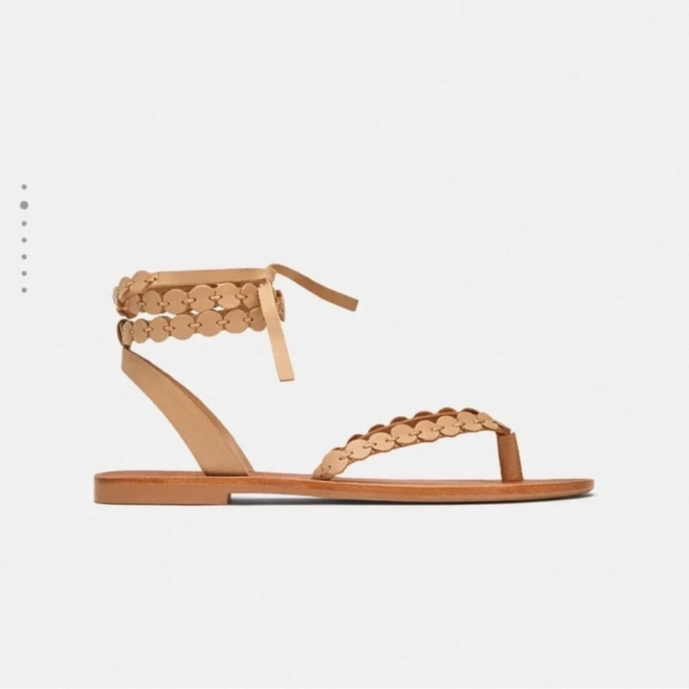 Zara Flat Leather Sandals light tan NWT - Picture 2 of 6